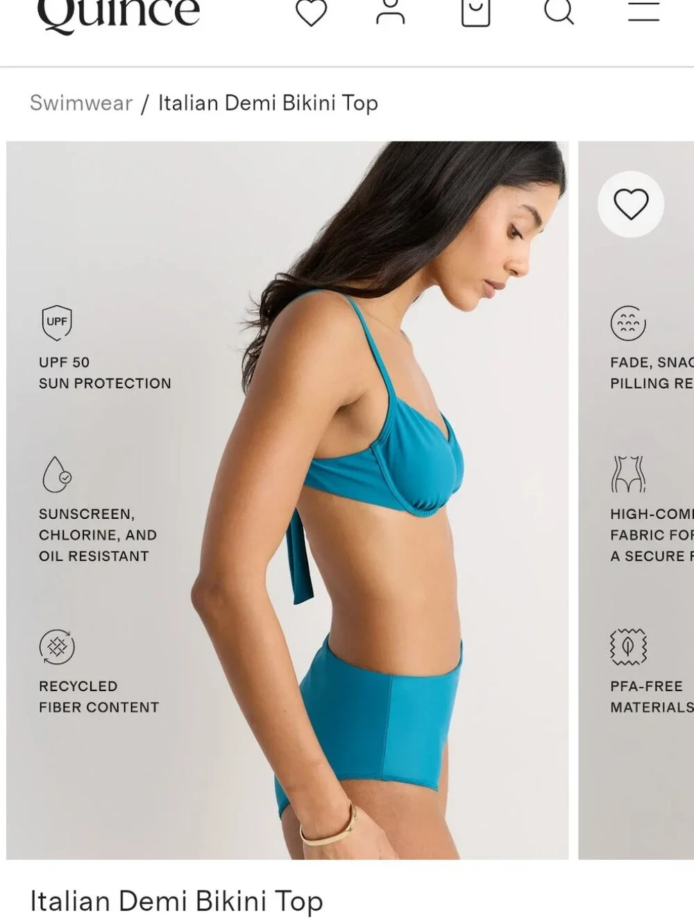 NWT Quince Bikini Set Demi Bikini Top Side-Tie Bottom Lagoon Teal blue Size M
